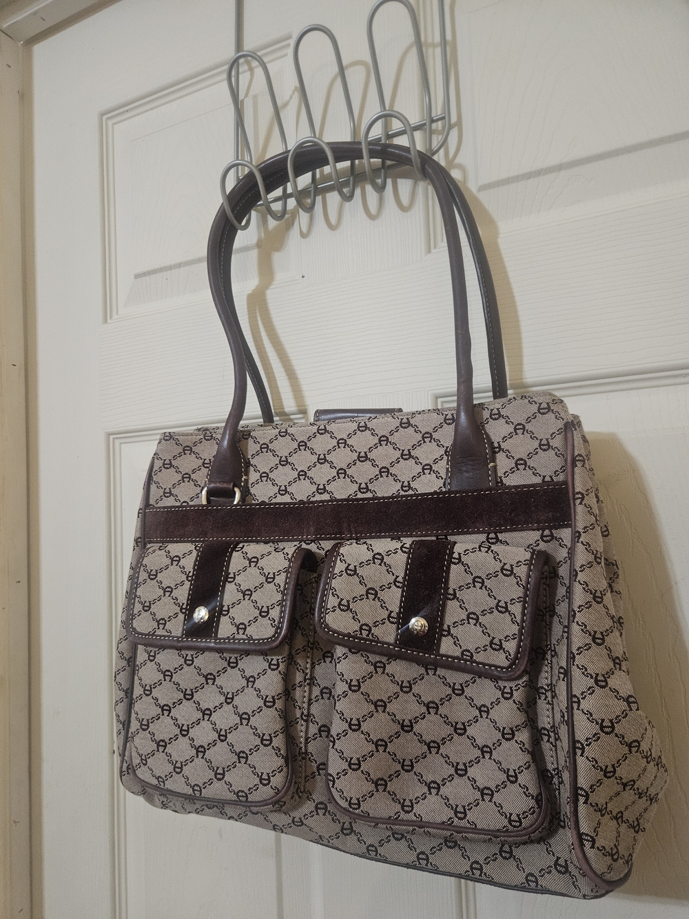 Etienne Aigner Beige and Dark Brown Signature Pattern Shoulder Bag